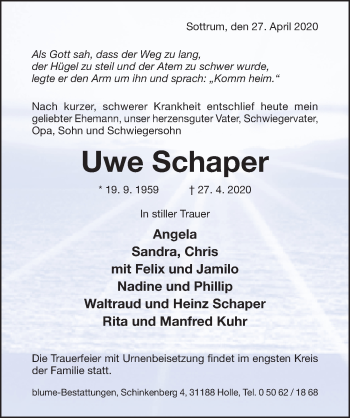 Traueranzeige von Uwe Schaper von Hildesheimer Allgemeine Zeitung