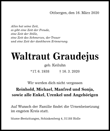 Traueranzeige von Waltraut Graudejus von Hildesheimer Allgemeine Zeitung