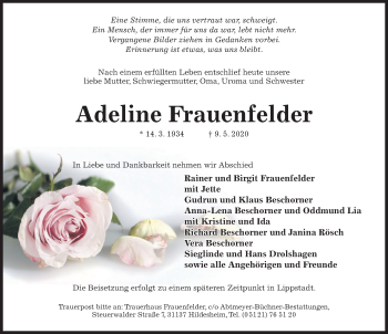 Traueranzeige von Adeline Frauenfelder von Hildesheimer Allgemeine Zeitung