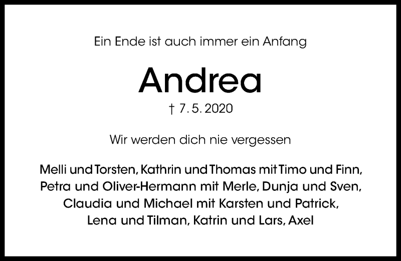  Traueranzeige für Andrea  vom 16.05.2020 aus Hildesheimer Allgemeine Zeitung