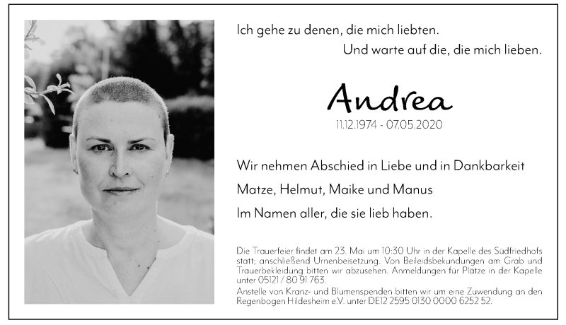  Traueranzeige für Andrea  vom 16.05.2020 aus Hildesheimer Allgemeine Zeitung