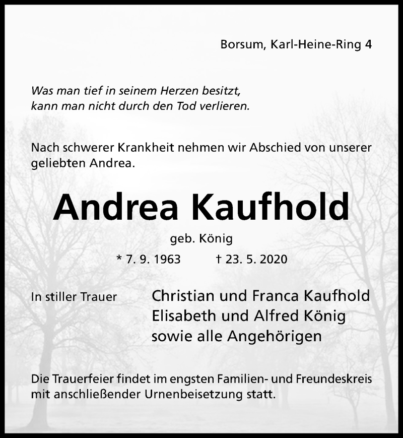  Traueranzeige für Andrea Kaufhold vom 30.05.2020 aus Hildesheimer Allgemeine Zeitung