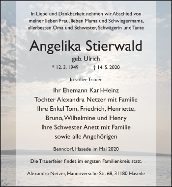 Traueranzeige von Angelika Stierwald von Hildesheimer Allgemeine Zeitung