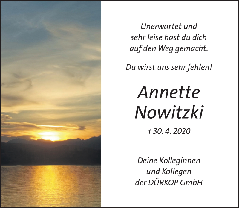  Traueranzeige für Annette Nowitzki vom 09.05.2020 aus Hildesheimer Allgemeine Zeitung