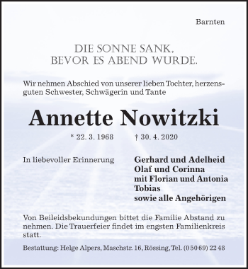 Traueranzeige von Annette Nowitzki von Hildesheimer Allgemeine Zeitung