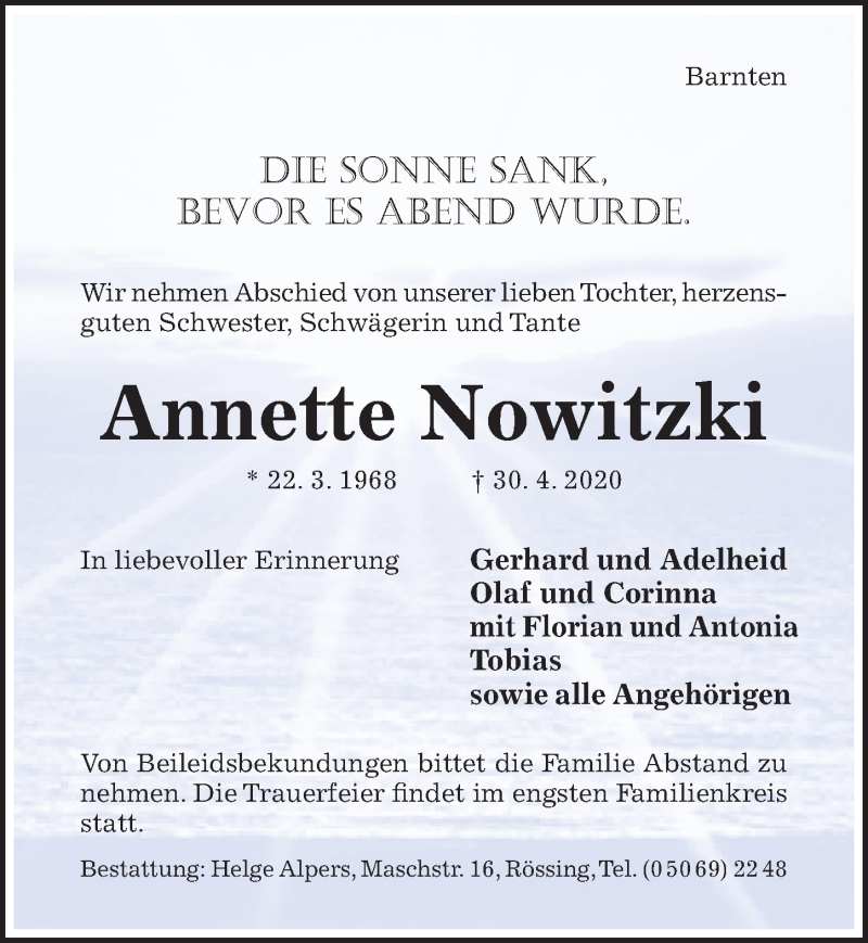  Traueranzeige für Annette Nowitzki vom 05.05.2020 aus Hildesheimer Allgemeine Zeitung