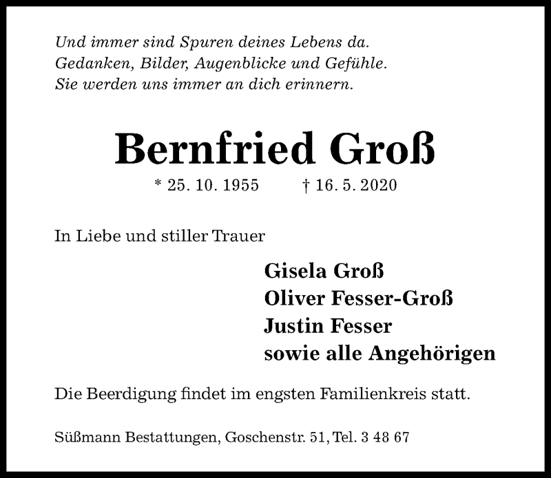  Traueranzeige für Bernfried Groß vom 20.05.2020 aus Hildesheimer Allgemeine Zeitung