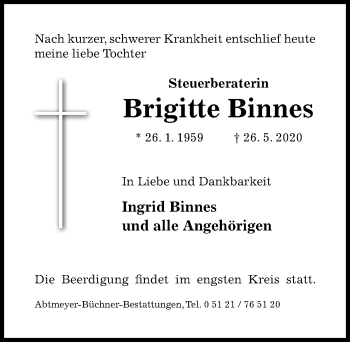 Traueranzeige von Brigitte Binnes von Hildesheimer Allgemeine Zeitung