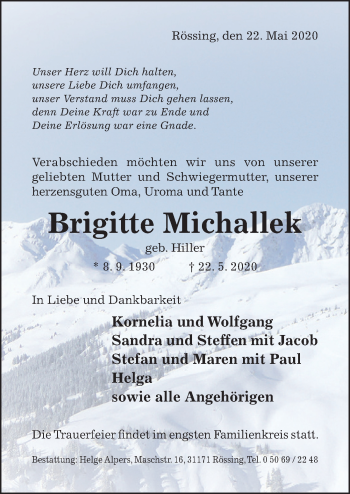 Traueranzeige von Brigitte Michallek von Hildesheimer Allgemeine Zeitung