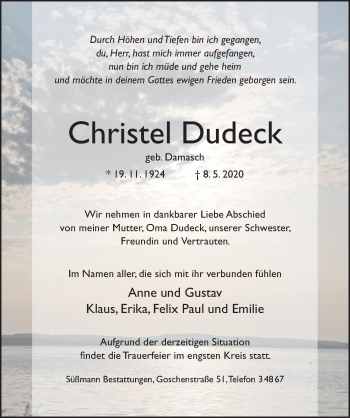 Traueranzeige von Christel Dudeck von Hildesheimer Allgemeine Zeitung