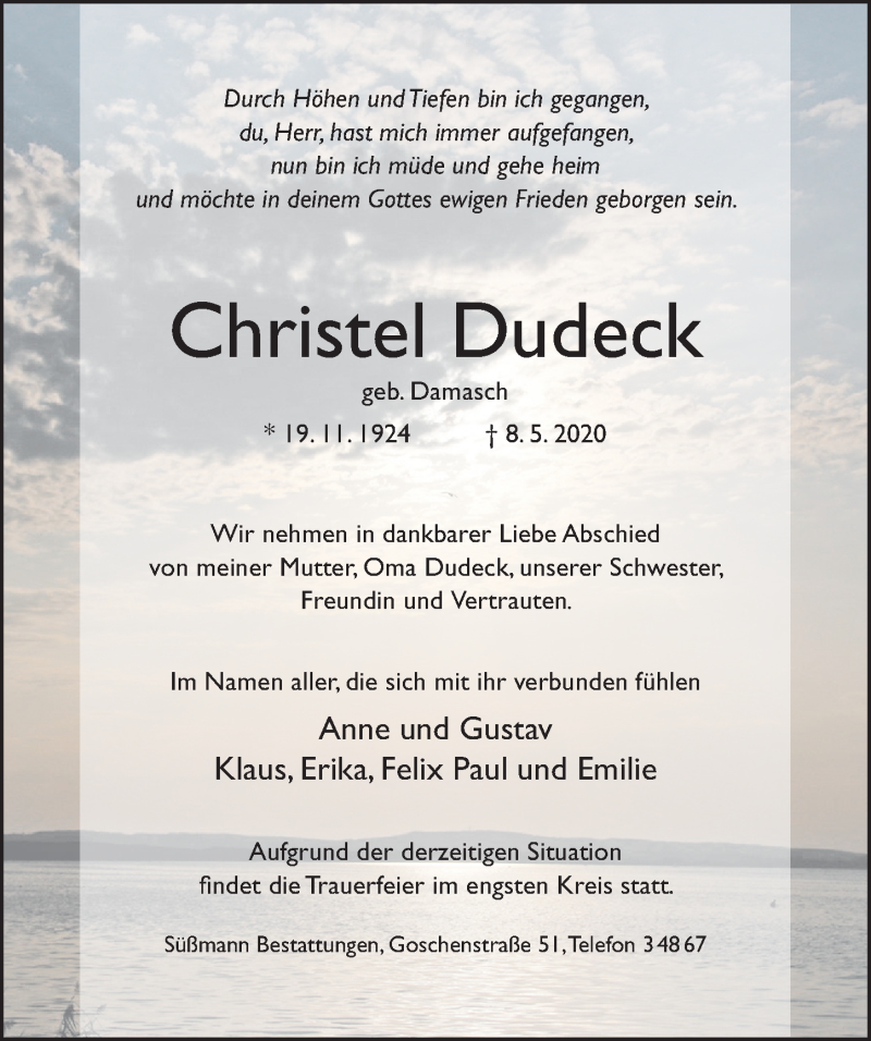  Traueranzeige für Christel Dudeck vom 18.05.2020 aus Hildesheimer Allgemeine Zeitung