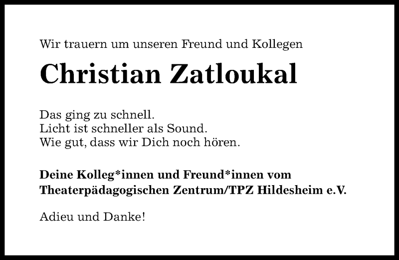  Traueranzeige für Christian Zatloukal vom 30.05.2020 aus Hildesheimer Allgemeine Zeitung