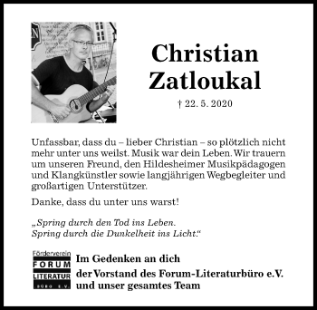 Traueranzeige von Christian Zatloukal von Hildesheimer Allgemeine Zeitung