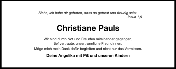 Traueranzeige von Christiane Pauls von Hildesheimer Allgemeine Zeitung