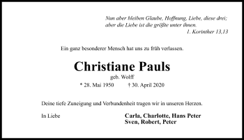 Traueranzeige von Christiane Pauls von Hildesheimer Allgemeine Zeitung