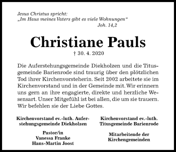 Traueranzeige von Christiane Pauls von Hildesheimer Allgemeine Zeitung