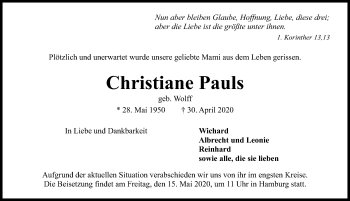 Traueranzeige von Christiane Pauls von Hildesheimer Allgemeine Zeitung