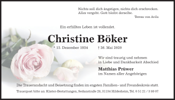 Traueranzeige von Christine Böker von Hildesheimer Allgemeine Zeitung