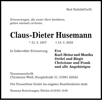 Traueranzeige von Claus-Dieter Husemann von Hildesheimer Allgemeine Zeitung