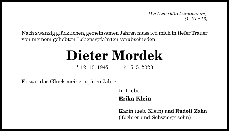  Traueranzeige für Dieter Mordek vom 23.05.2020 aus Hildesheimer Allgemeine Zeitung