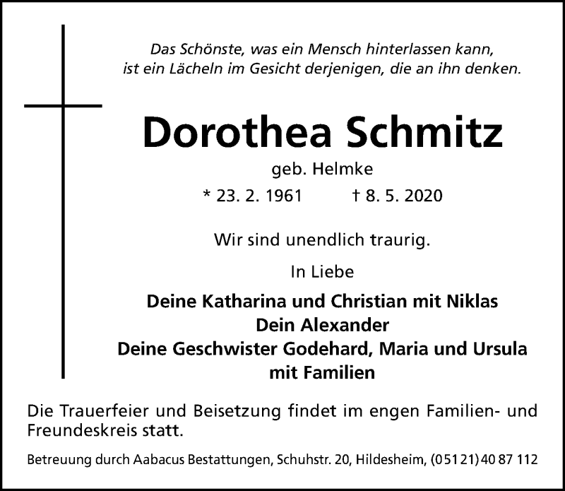  Traueranzeige für Dorothea Schmitz vom 16.05.2020 aus Hildesheimer Allgemeine Zeitung