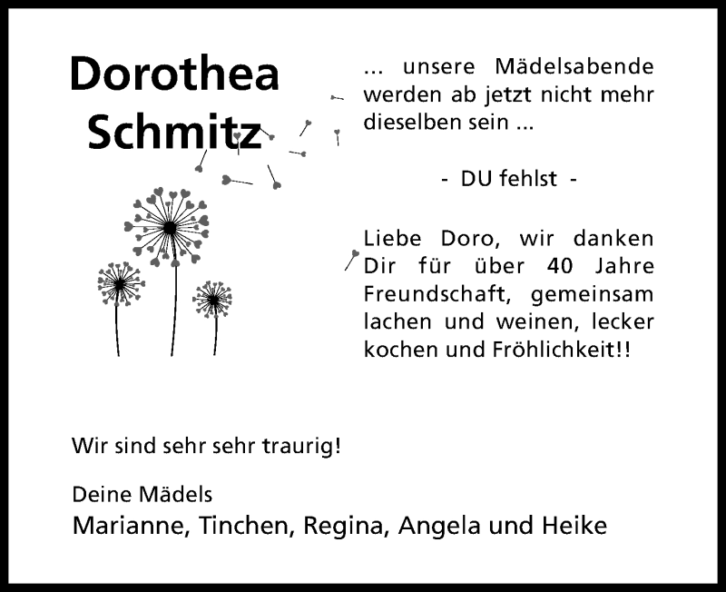 Traueranzeige für Dorothea Schmitz vom 16.05.2020 aus Hildesheimer Allgemeine Zeitung
