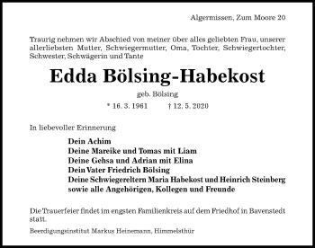 Traueranzeige von Edda Bölsing-Habekost von Hildesheimer Allgemeine Zeitung