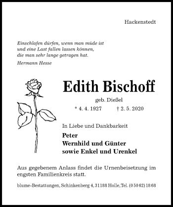 Traueranzeige von Edith Bischoff von Hildesheimer Allgemeine Zeitung