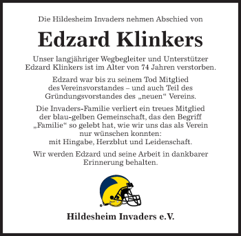 Traueranzeige von Edzard Klinkers von Hildesheimer Allgemeine Zeitung
