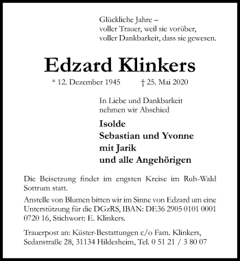 Traueranzeige von Edzard Klinkers von Hildesheimer Allgemeine Zeitung