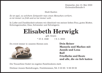 Traueranzeige von Elisabeth Herwigk von Hildesheimer Allgemeine Zeitung