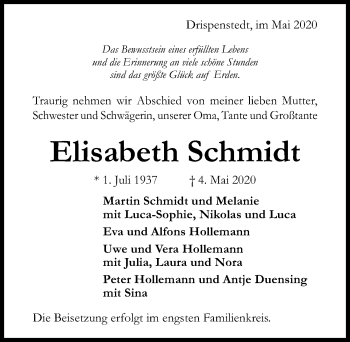 Traueranzeige von Elisabeth Schmidt von Hildesheimer Allgemeine Zeitung