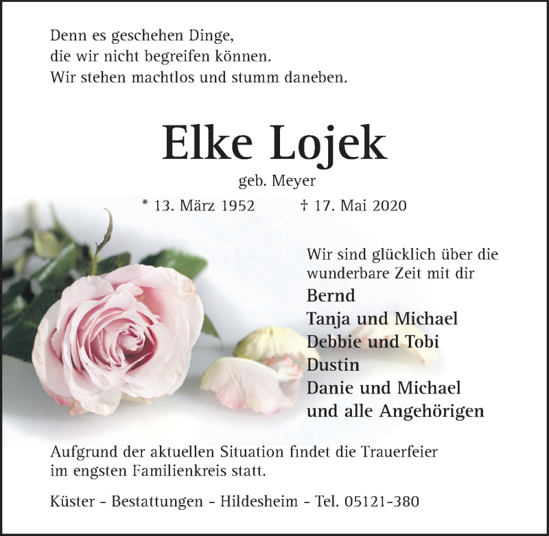  Traueranzeige für Elke Lojek vom 20.05.2020 aus Hildesheimer Allgemeine Zeitung
