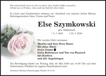 Traueranzeige von Else Szymkowski von Hildesheimer Allgemeine Zeitung