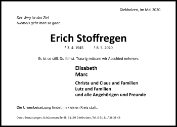 Traueranzeige von Erich Stoffregen von Hildesheimer Allgemeine Zeitung