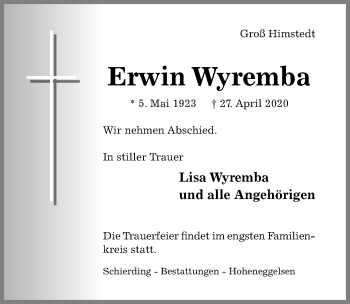 Traueranzeige von Erwin Wyremba von Hildesheimer Allgemeine Zeitung