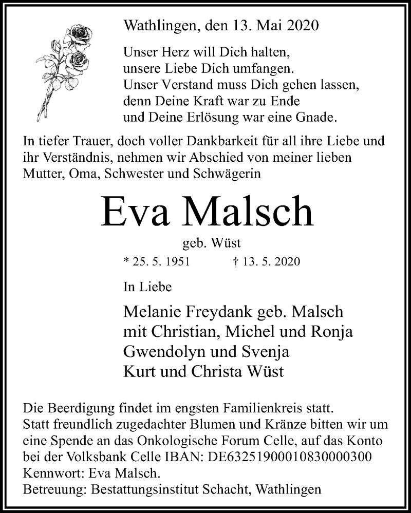  Traueranzeige für Eva Malsch vom 16.05.2020 aus Hildesheimer Allgemeine Zeitung