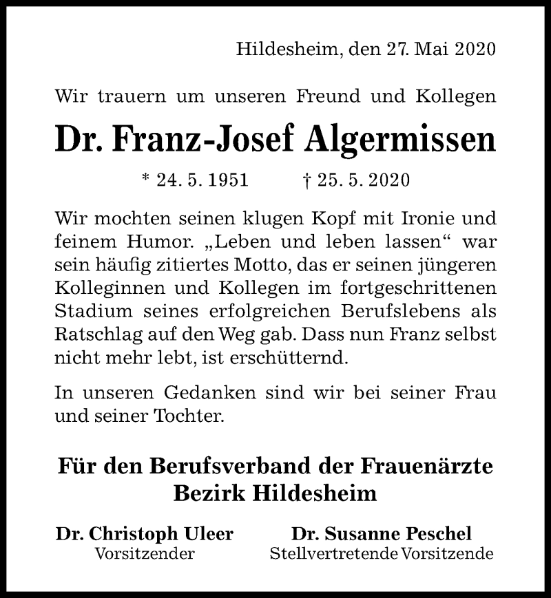  Traueranzeige für Franz-Josef Algermissen vom 30.05.2020 aus Hildesheimer Allgemeine Zeitung