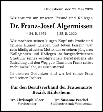 Traueranzeige von Franz-Josef Algermissen von Hildesheimer Allgemeine Zeitung