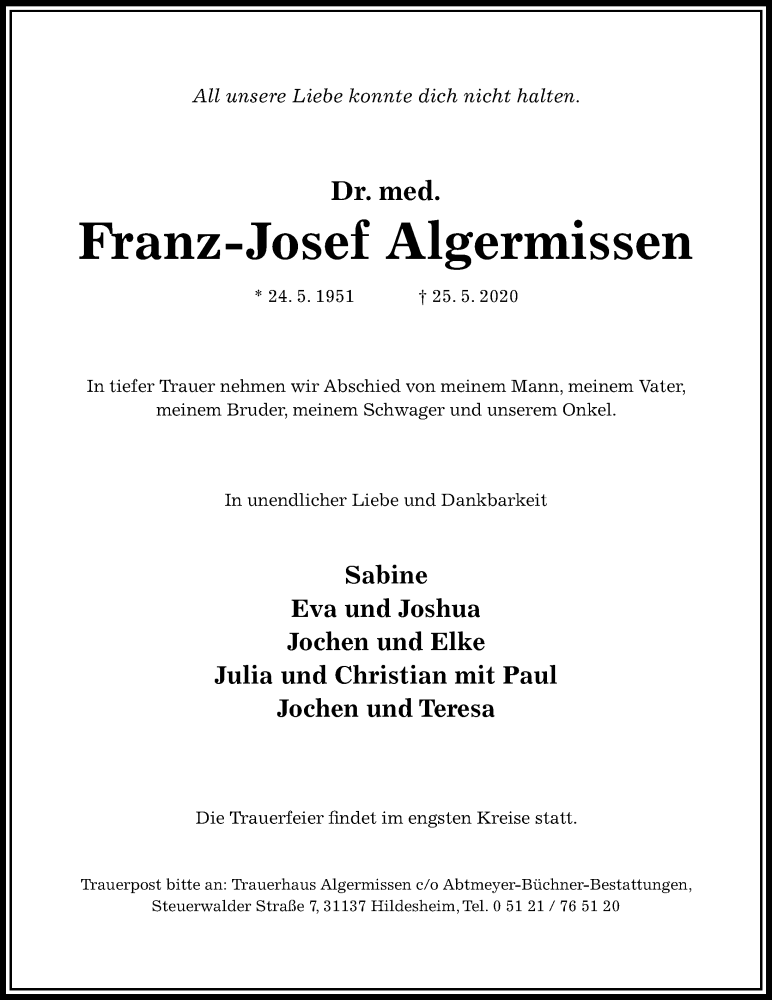  Traueranzeige für Franz-Josef Algermissen vom 30.05.2020 aus Hildesheimer Allgemeine Zeitung