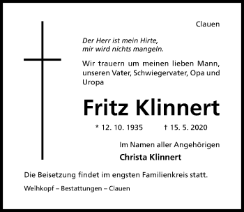 Traueranzeige von Fritz Klinnert von Hildesheimer Allgemeine Zeitung