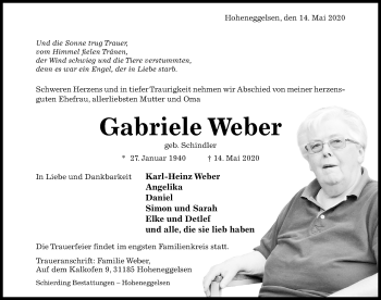 Traueranzeige von Gabriele Weber von Hildesheimer Allgemeine Zeitung
