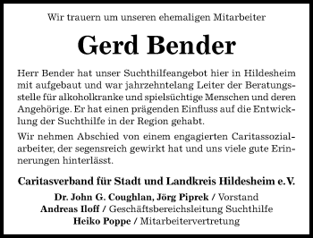 Traueranzeige von Gerd Bender von Hildesheimer Allgemeine Zeitung
