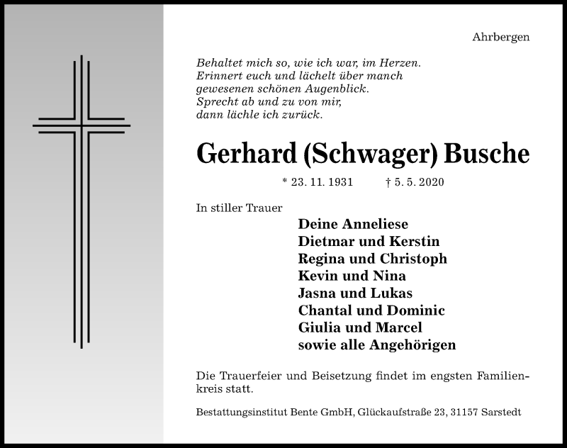  Traueranzeige für Gerhard Busche vom 09.05.2020 aus Hildesheimer Allgemeine Zeitung
