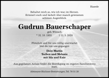 Traueranzeige von Gudrun Bauerschaper von Hildesheimer Allgemeine Zeitung
