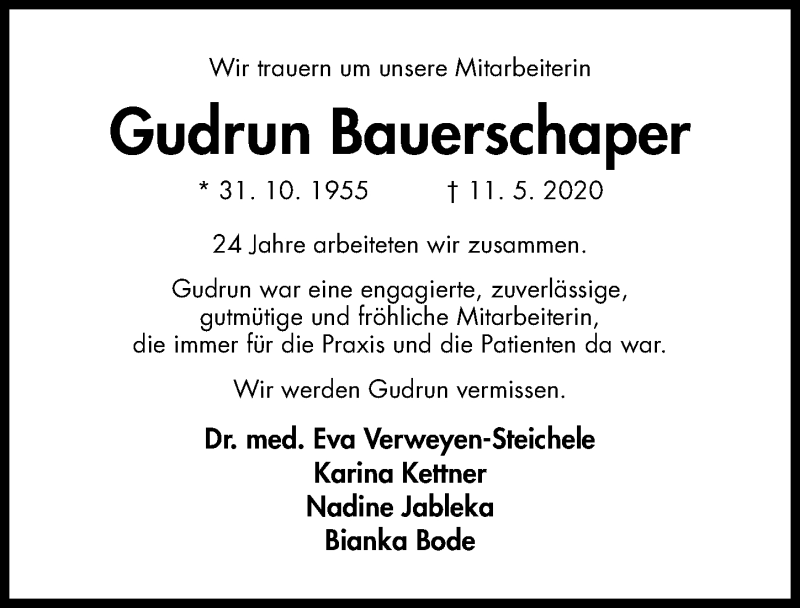 Traueranzeige für Gudrun Bauerschaper vom 14.05.2020 aus Hildesheimer Allgemeine Zeitung