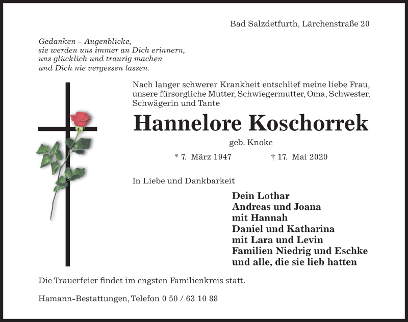  Traueranzeige für Hannelore Koschorrek vom 20.05.2020 aus Hildesheimer Allgemeine Zeitung
