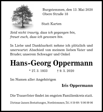Traueranzeige von Hans-Georg Oppermann von Hildesheimer Allgemeine Zeitung