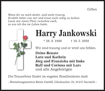 Traueranzeige von Harry Jankowski von Hildesheimer Allgemeine Zeitung