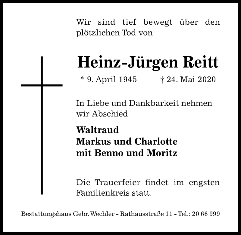  Traueranzeige für Heinz-Jürgen  Reitt vom 30.05.2020 aus Hildesheimer Allgemeine Zeitung
